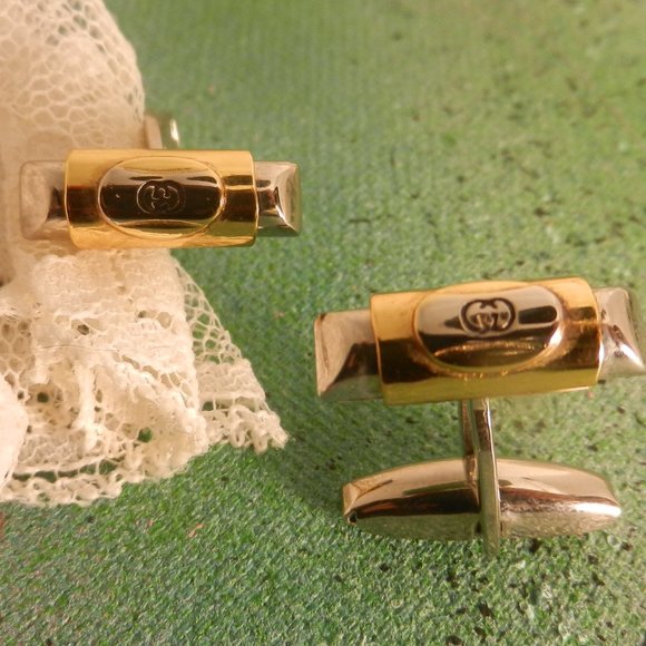 VTG Gucci logo designer cufflinks silver gold Accessory Collection luxury GG - Picture 2 of 16